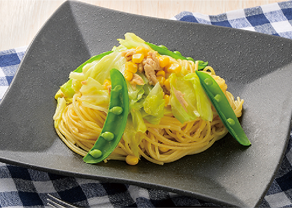 【透析食おすすめレシピ】【主食】春キャベツとツナのバター醤油パスタ