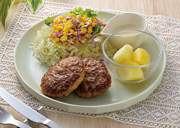 【透析食おすすめレシピ】【市販総菜を使った 簡単献立】ハンバーグプレート